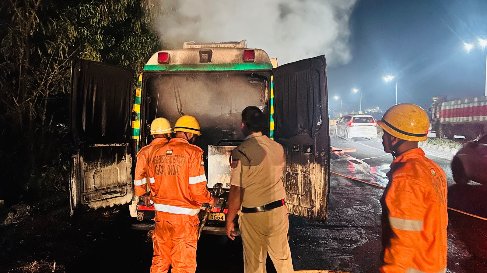 Ambulance gutted in flames at Dhargal